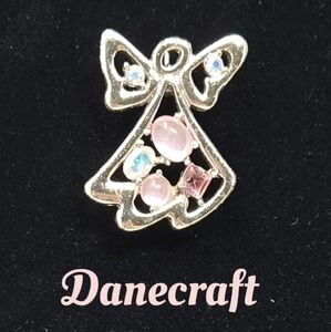 Danecraft Guardian Angel Brooch  Pin Silver Tone With Rhinestones & Pink Stones